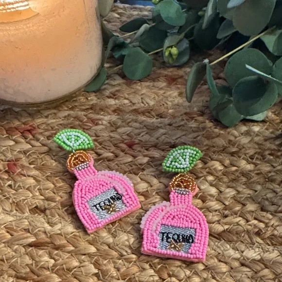 New Pink Beaded Tequila Earrings - Picture 2 of 3